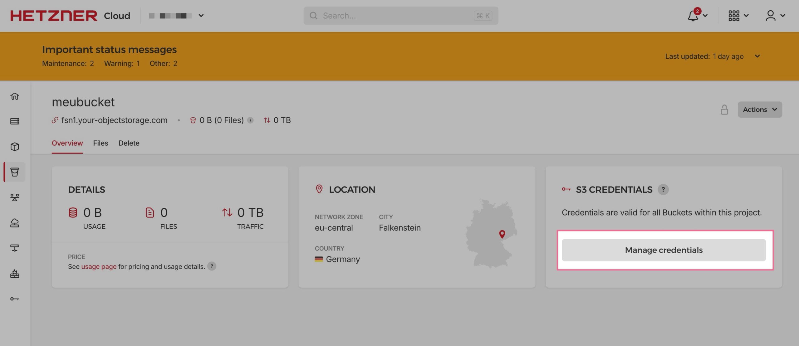 Botão Manage Credentials dentro do bucket