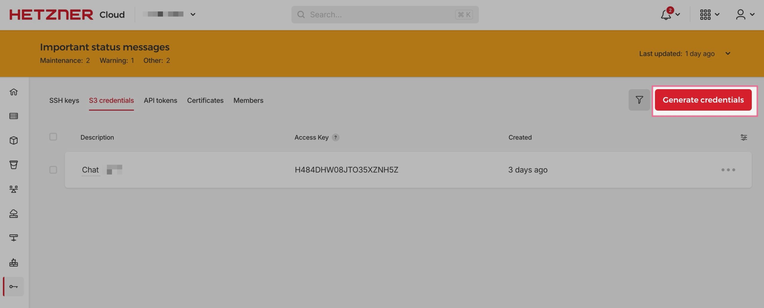 Botão Generate Credentials na página de credenciais