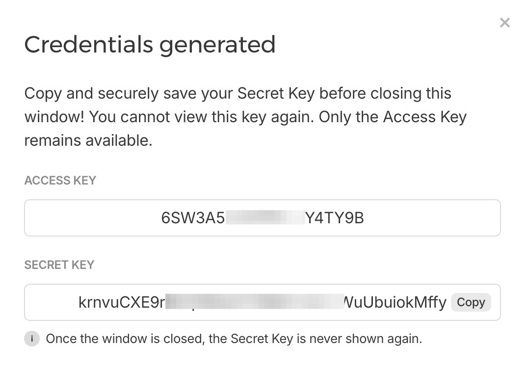 Tela com a Access Key e a Secret Key geradas