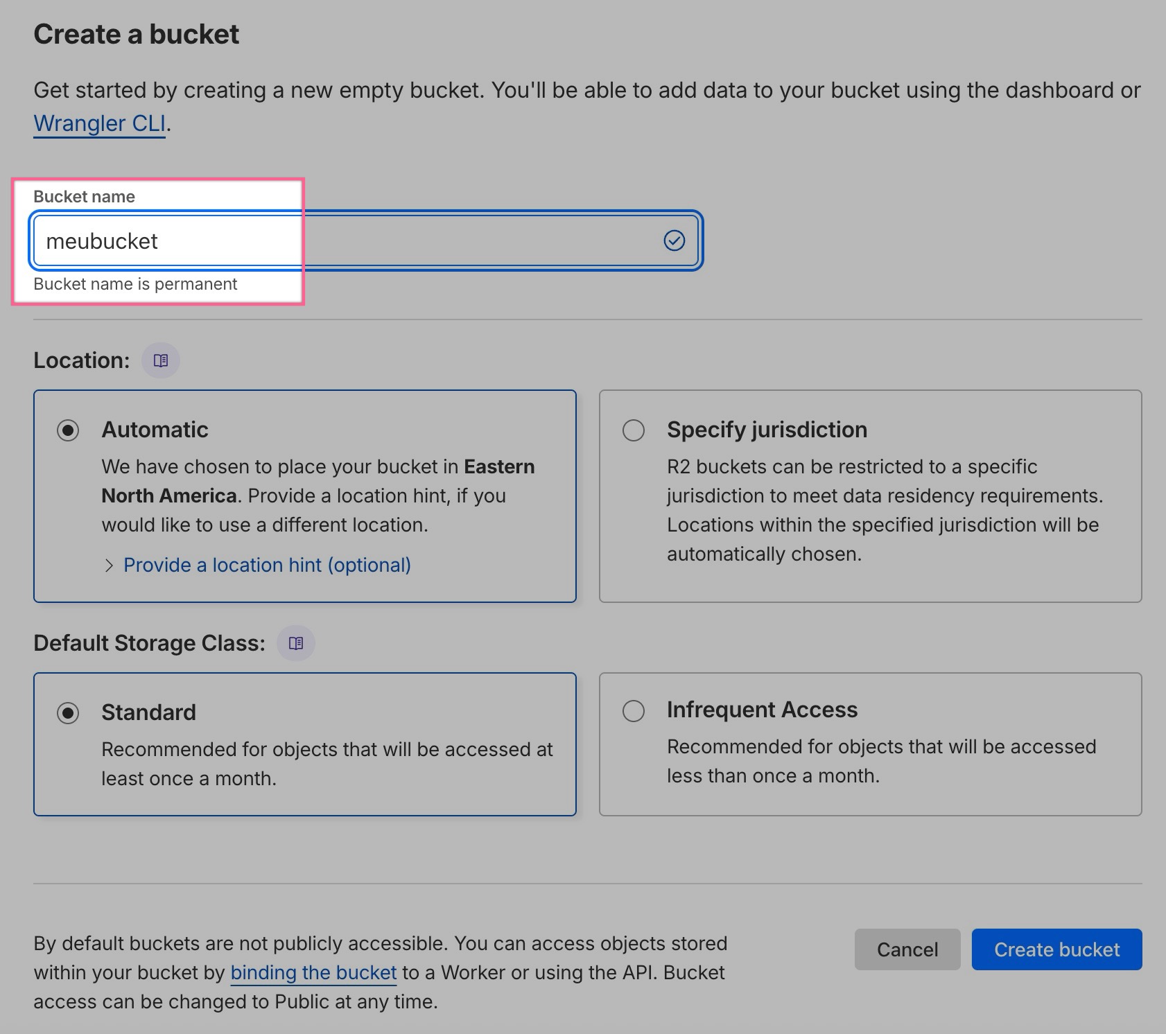 Tela de configuração do nome do bucket na Cloudflare