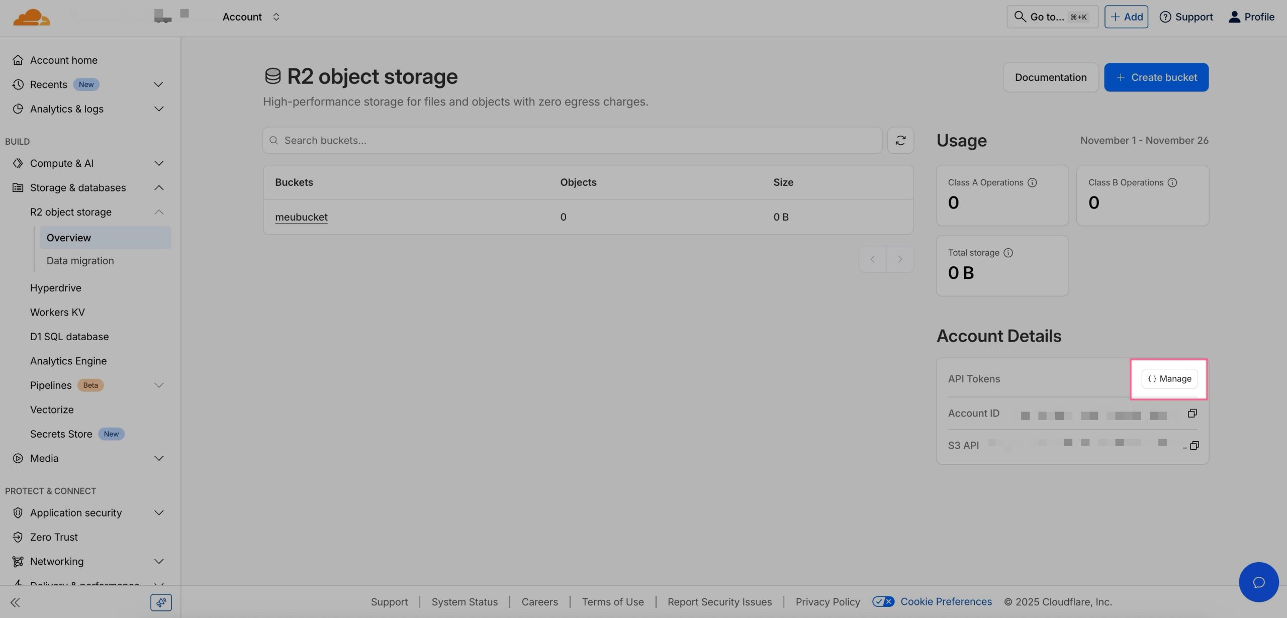 Botão Create Account API Token na seção Account Details