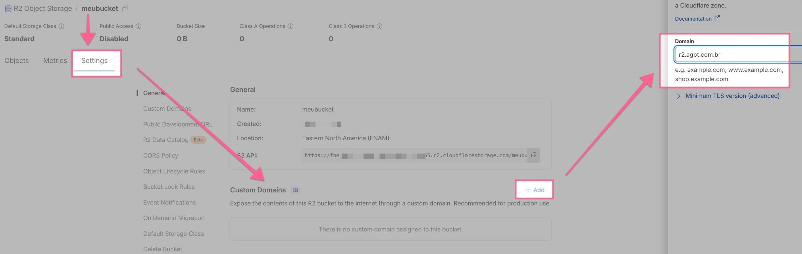 Seção Custom Domains do bucket, na aba Settings